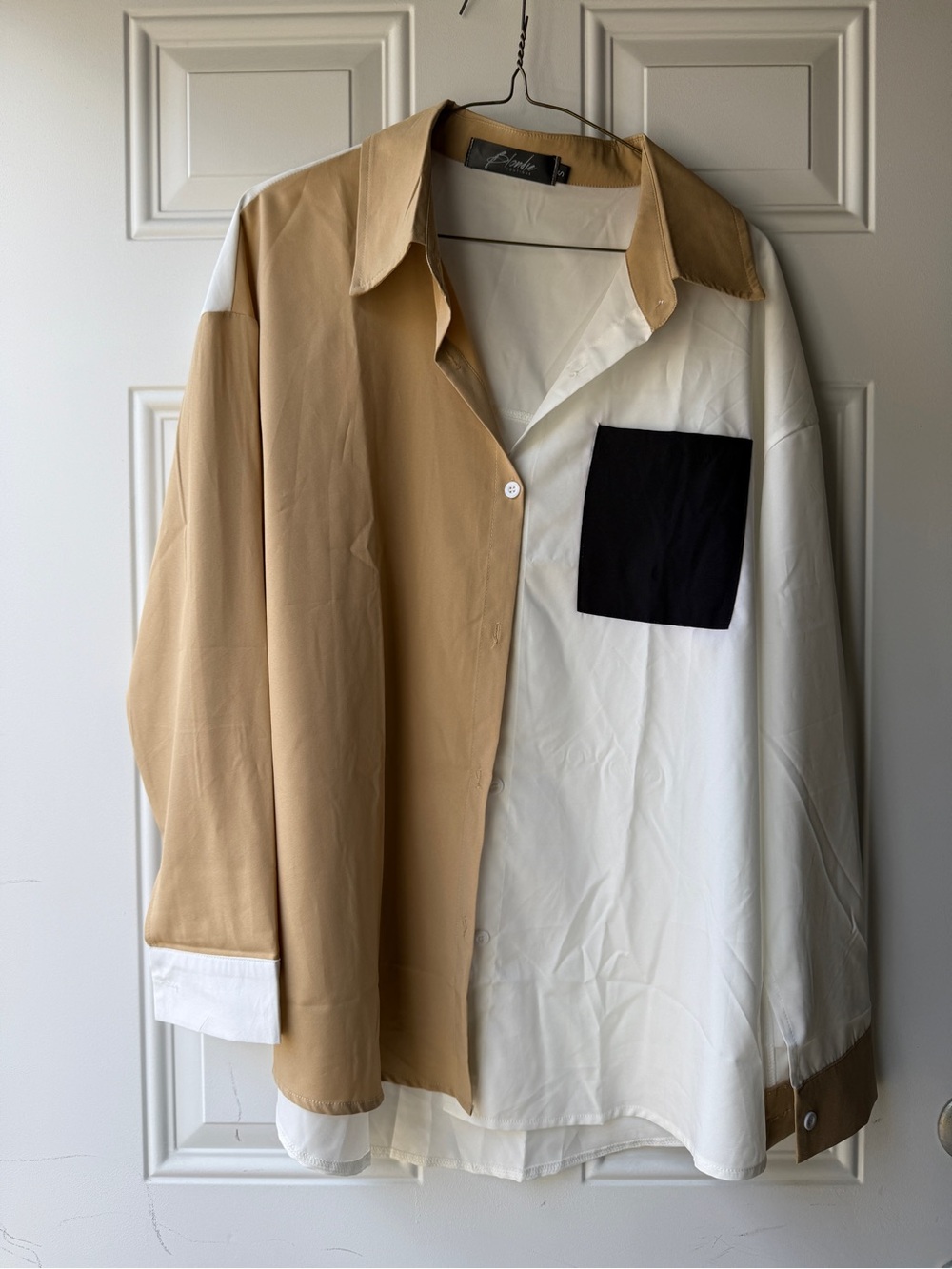 Two-Tone Button-Down Shirt with Contrast Pocket in Beige, White & Black